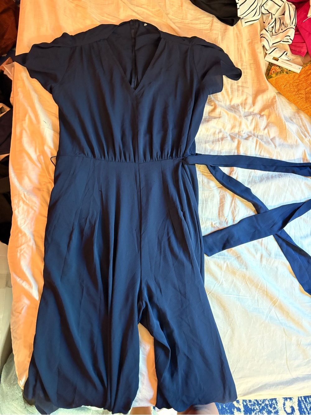 Navy V-Neck Short Sleeve Wrap Jumpsuit